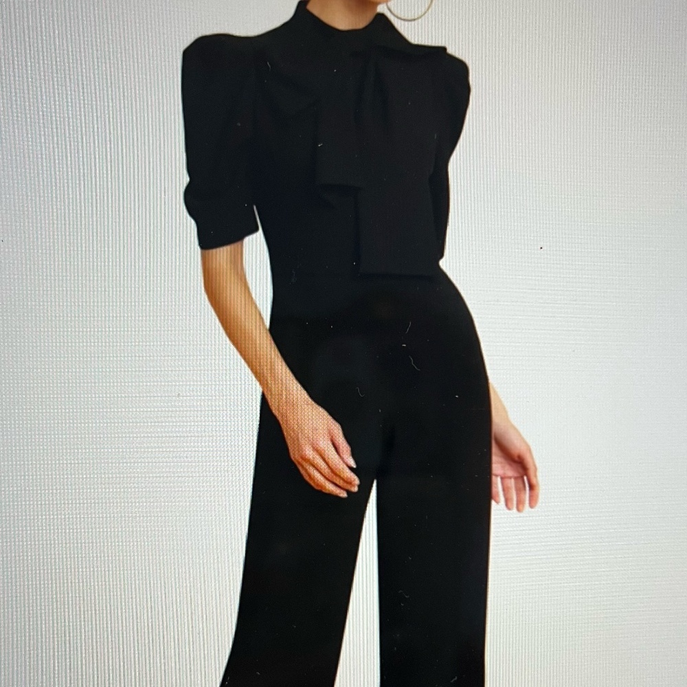 Black Halo Black Puff-Sleeve Jumpsuit with Neck Tie